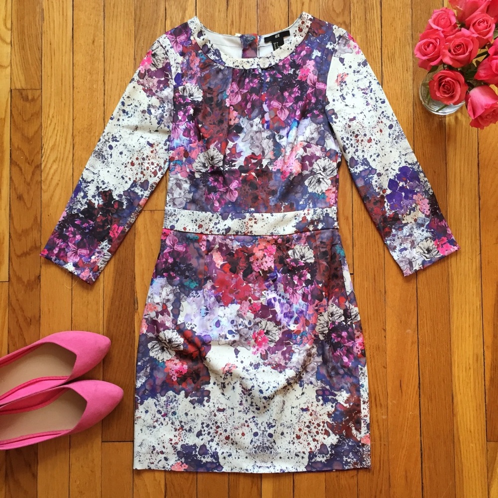 H&M Floral Splatter Paint 3/4 Sleeve Dress